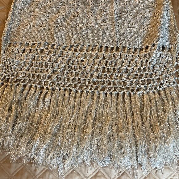 Metallic Silver Fringed Long Scarf /Wrap with open work detail. - Picture 3 of 5